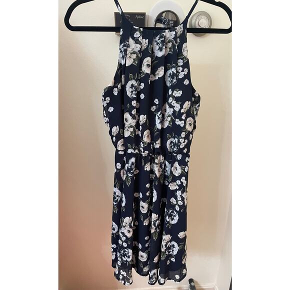 Blue Rain Dresses & Skirts - Blue Rain Medium Womans Dress Blue White Floral Lined High Neck Spaghetti Strap